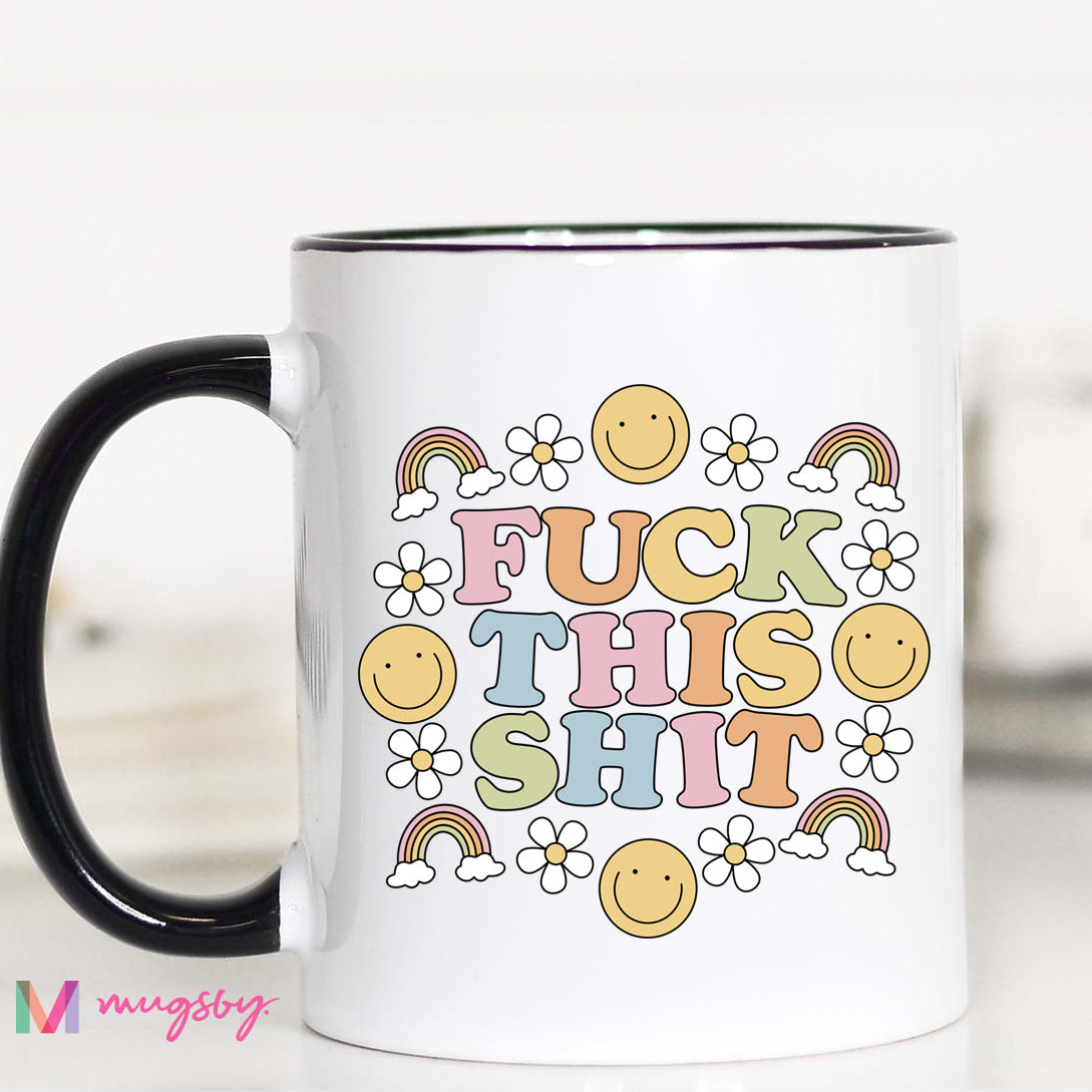 Mug with colorful text and smiley faces on a white background