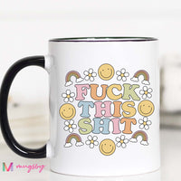 Mug with colorful text and smiley faces on a white background
