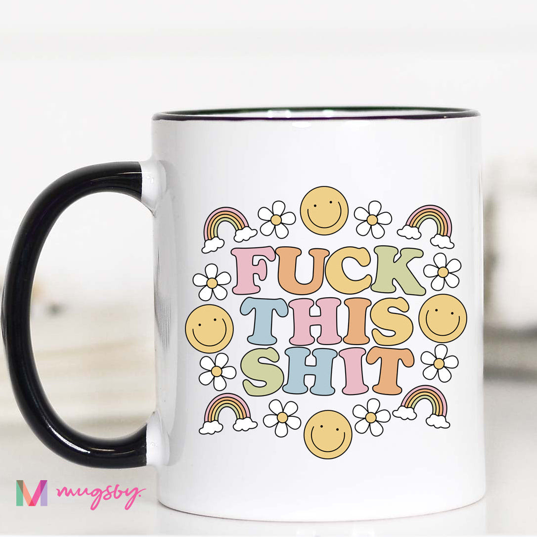 Mug with colorful text and smiley faces on a white background
