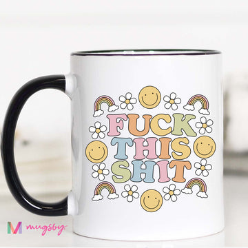 Mug with colorful text and smiley faces on a white background