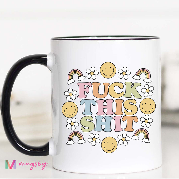 Mug with colorful text and smiley faces on a white background