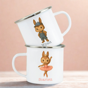 Two mugs with cartoon characters and names on a pink background